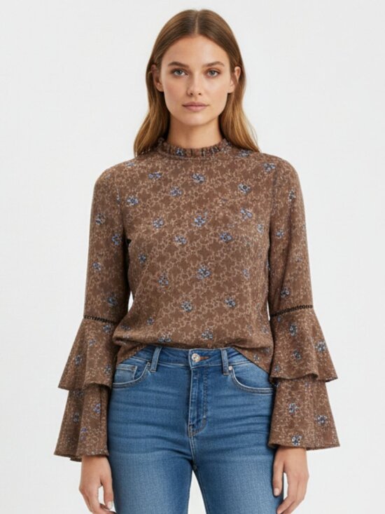 WAYF Bell Sleeve Floral Mock Neck Peasant Blouse - Picture 7 of 7